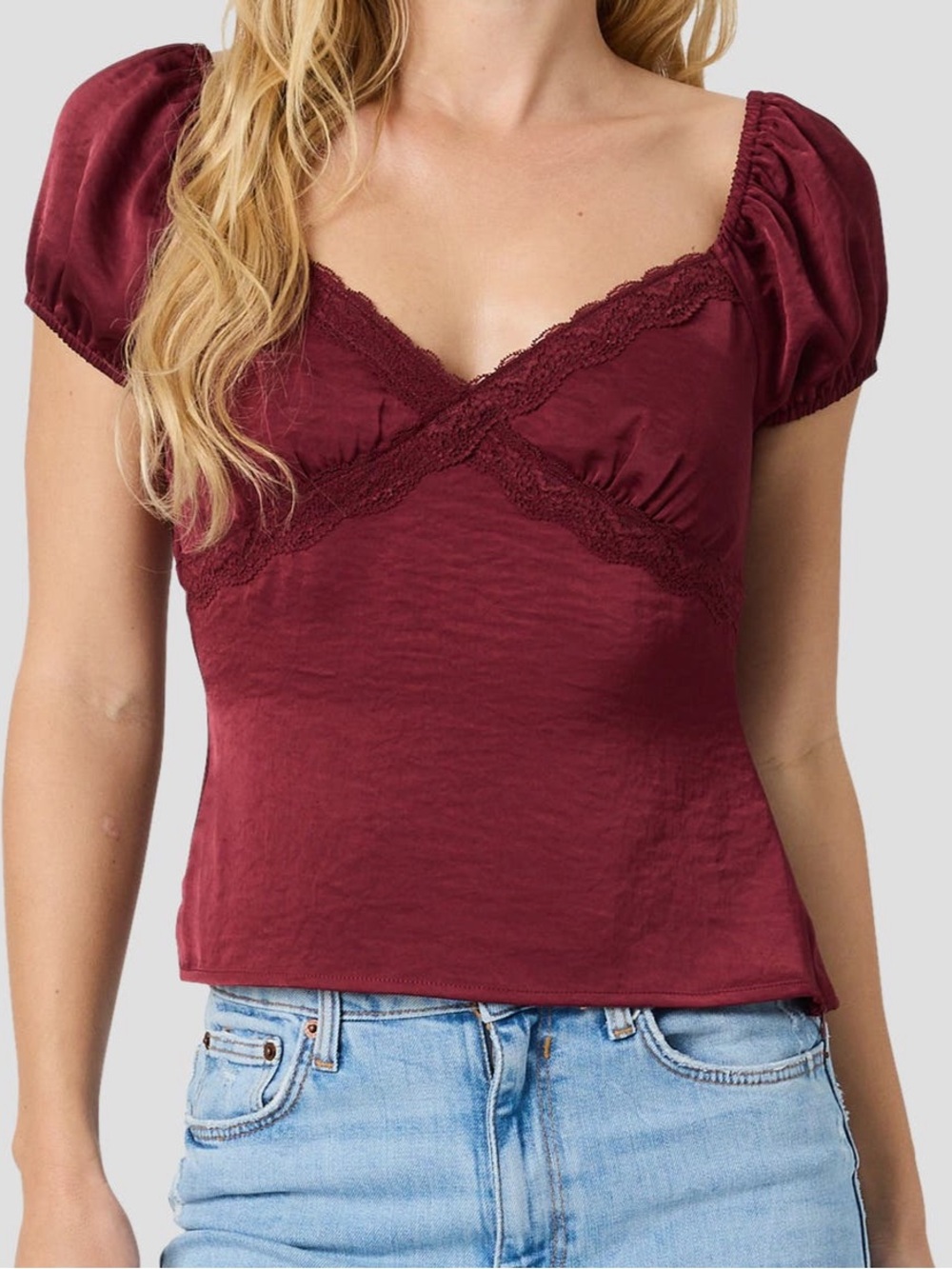 SALE ALL IN FAVOR Lace Trim Puff Sleeve Satin Top